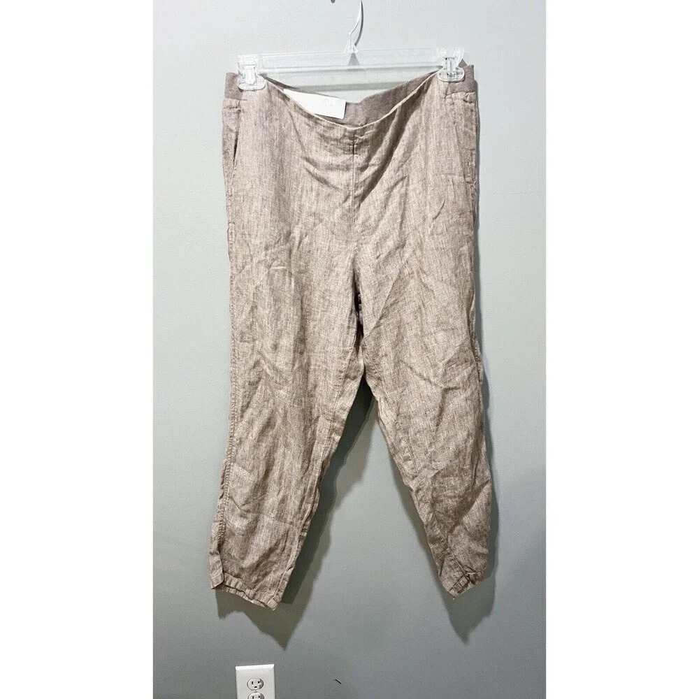 J. Jill Womens Linen Pull On Tan Pants Medium MP Love Linen Jogger Tapered Leg